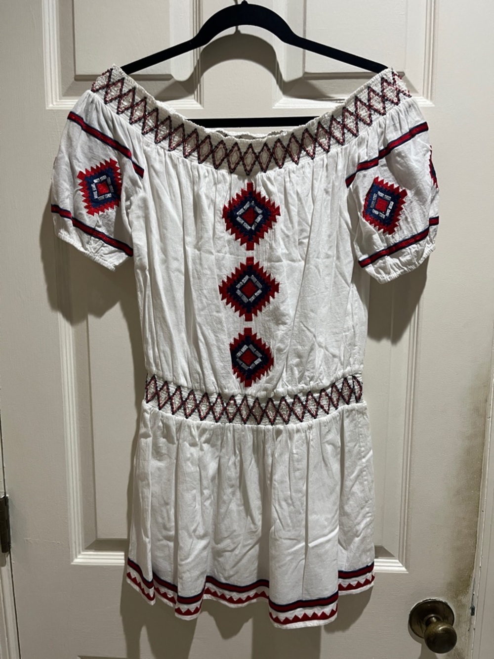Tularosa White Off-Shoulder Mini Dress with Red & Navy Embroidery